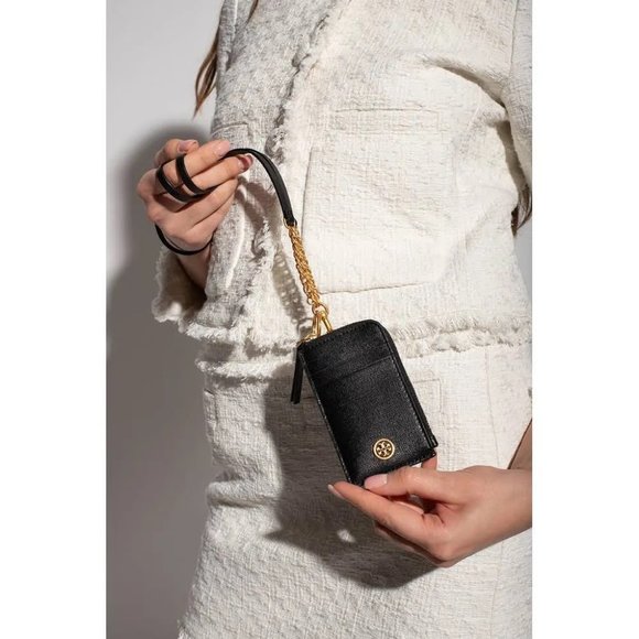 Tory Burch Robinson Saffiano Leather Lanyard Wallet Card Case Accessory Black - Picture 3 of 10